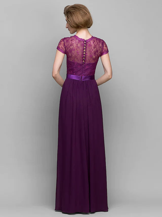 Wholesale A-Line Mother of the Bride Dress Square Neck Floor Length Chiffon Lace Short Sleeve with Lace